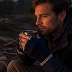 A man in a dark jacket wearing fingerless knit gloves with striped trim, holding a metal cup in a dim outdoor setting at dusk.
