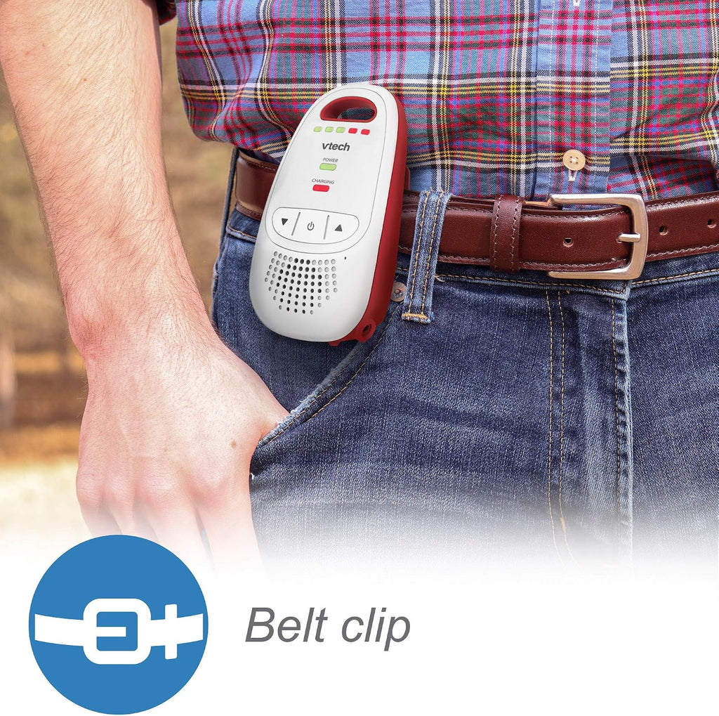 A white and red VEVITA belt clip oxygen monitor attached to a person's brown leather belt at the waist, with a plaid shirt and blue jeans visible. A blue 'Belt clip' icon is shown in the lower left corner.