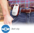 A white and red VEVITA belt clip oxygen monitor attached to a person's brown leather belt at the waist, with a plaid shirt and blue jeans visible. A blue 'Belt clip' icon is shown in the lower left corner.