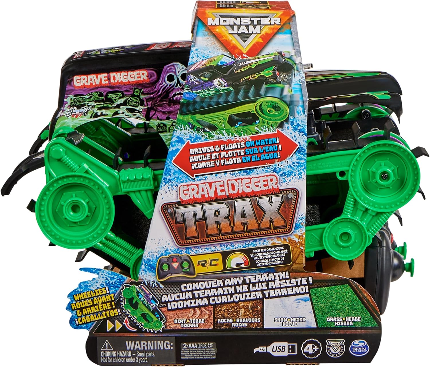 Monster Jam Grave Digger Trax RC Truck – 1:15 Amphibious Land & Water Remote Control Vehicle