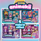 Packaging of Animakii toys with colorful characters on a gradient background