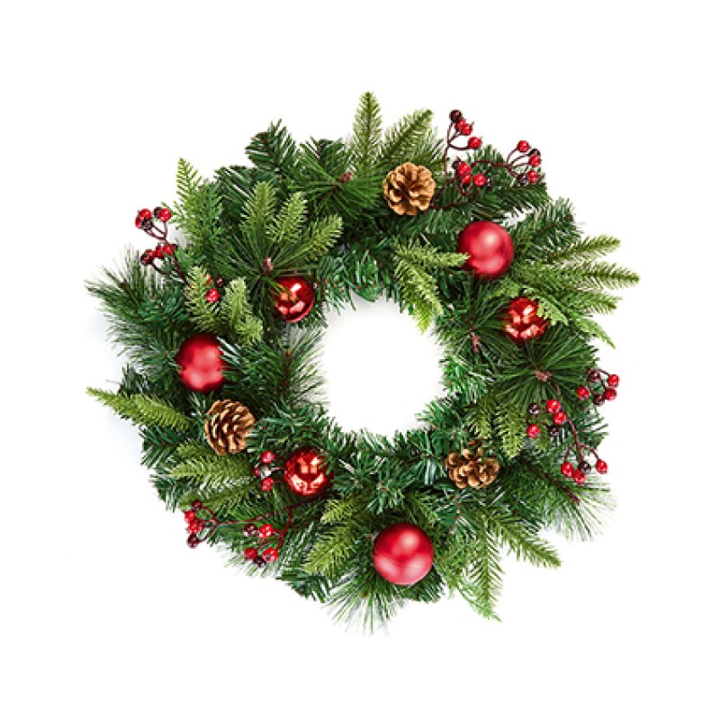 Premier 40cm Red Dressed Christmas Wreath with Baubles & Cones