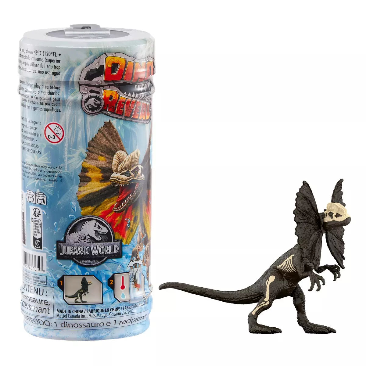 Jurassic World toy figure of a dinosaur next to its packaging