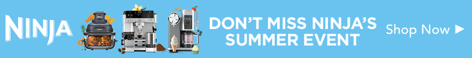 A promotional banner with a bright blue background featuring the text 'DON'T MISS NINJA'S SUMMER EVENT' and a 'Shop Now' call-to-action. On the left, three small product illustrations are shown: a black and orange ninja-themed item, a metallic silver and black appliance, and a white and black ninja figure.