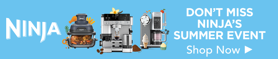 A promotional banner for a Ninja summer event, featuring illustrations of various Ninja kitchen appliances including a food processor, espresso machine, and coffee grinder on a light blue background with white text reading 'DON'T MISS NINJA'S SUMMER EVENT Shop Now'.