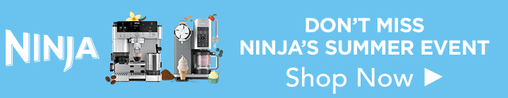 Promotional banner for NINJA's Summer Event featuring a light blue background, a stylized NINJA logo on the left, an illustration of espresso machines and cafe equipment in the center, and white text on the right reading 'DON'T MISS NINJA'S SUMMER EVENT Shop Now'.