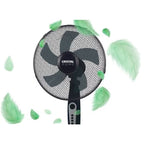 A black Crystal Home pedestal fan shown against a white background with floating green leaf and feather graphics.