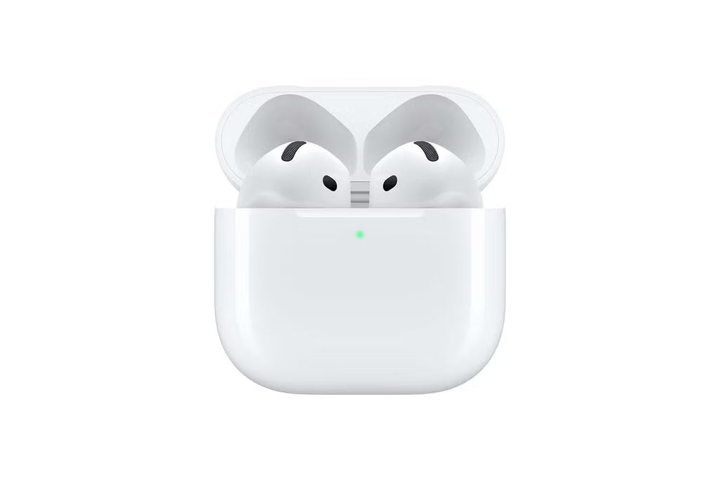 White wireless earbuds in a charging case on a white background