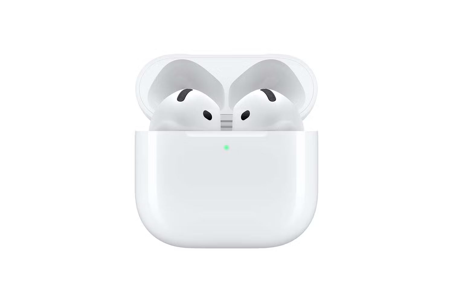 White wireless earbuds in a charging case on a white background