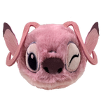 Pink plush toy with large eyes and a smiling expression on a white background