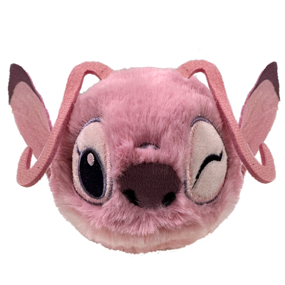 Pink plush toy with large eyes and a smiling expression on a white background