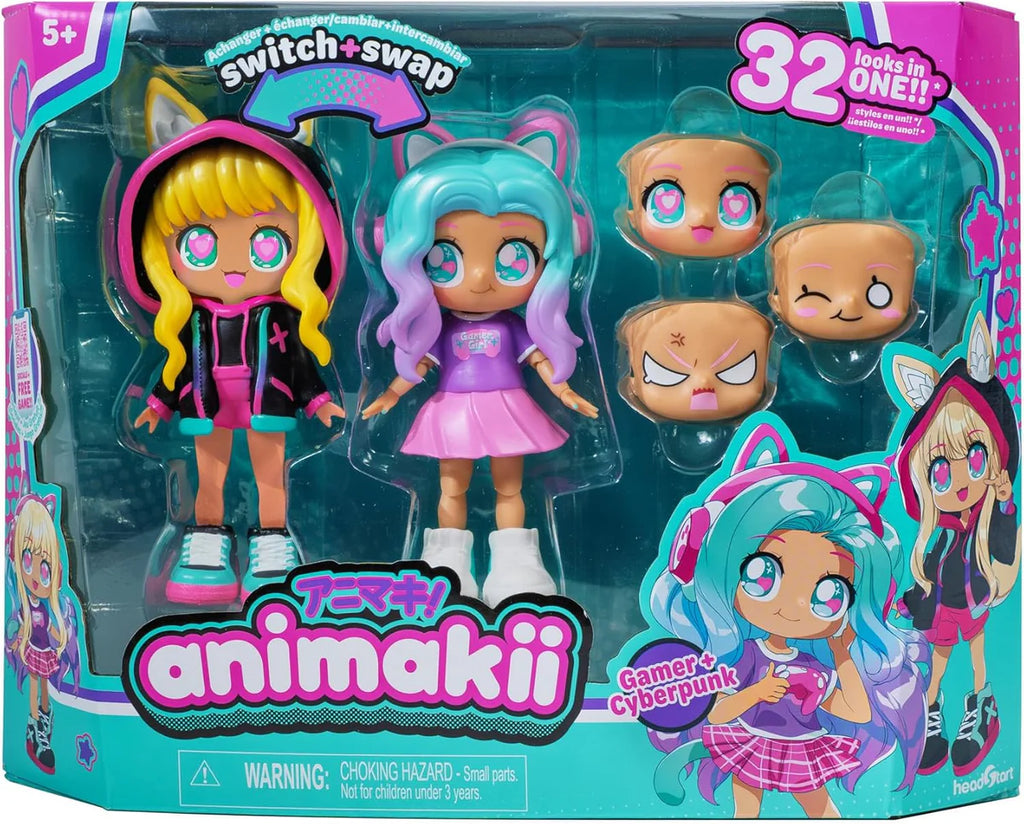 Packaged Animakii dolls with colorful hair and outfits, featuring 'switch & swap' feature.