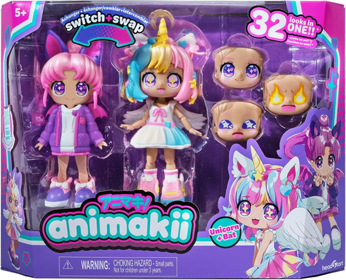 Boxed set of Animakii dolls with interchangeable heads and tails, featuring a unicorn and bat design.
