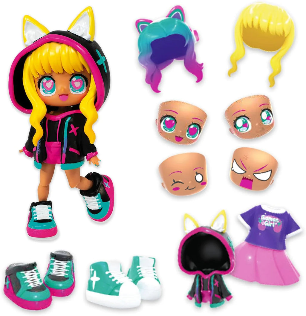 Toy doll with interchangeable parts including a head, body, and accessories on a white background