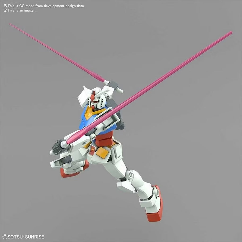 Model kit of a robot with a pink sword on a gray background, featuring Sotsu Sunrise branding.