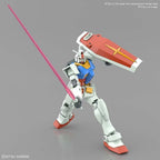 Model kit of a robot with a red sword on a gray background