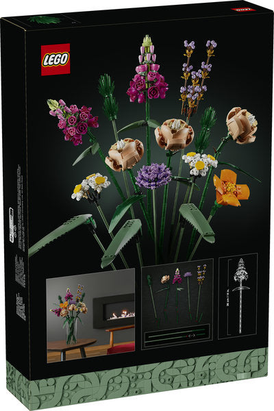 LEGO flower set packaging with flowers and fireplace display
