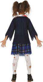 Child wearing a Halloween costume with a blue cardigan and plaid skirt on a white background