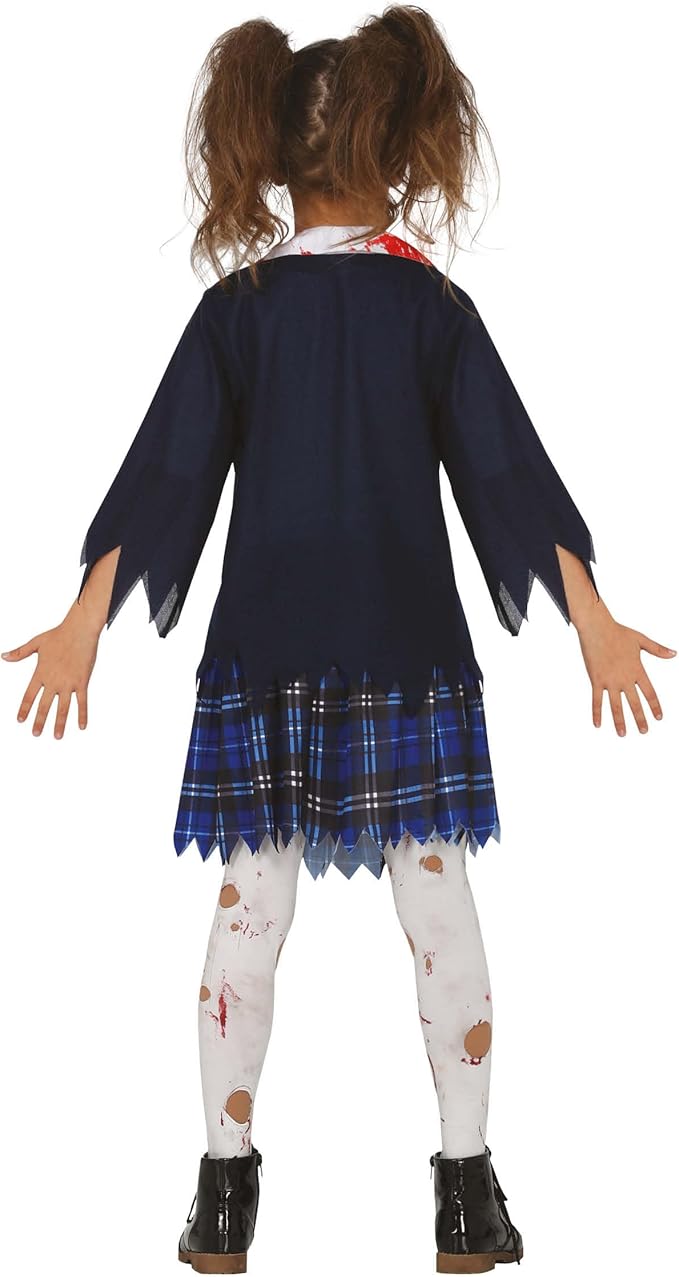 Child wearing a Halloween costume with a blue cardigan and plaid skirt on a white background