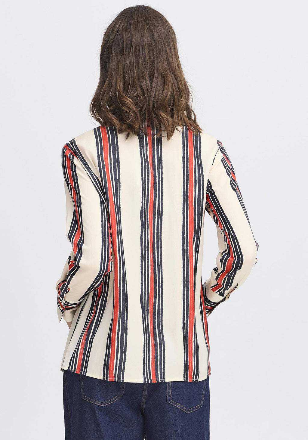 Fransa Alda striped shirt in neutral with navy and red vertical stripes, long sleeves, button-up design, regular fit