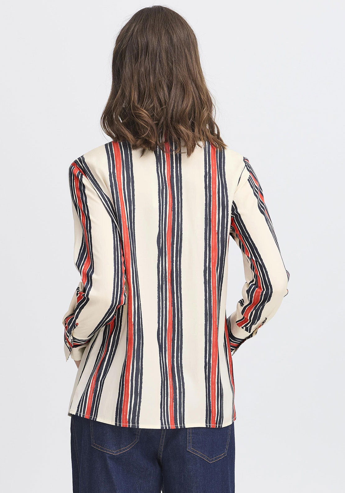 Fransa Alda striped shirt in neutral with navy and red vertical stripes, long sleeves, button-up design, regular fit