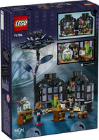 LEGO Wednesday Black Dahlia Flower set 76784 with black dahlia bloom and vase revealing hidden conservatory classroom, Wednesday Addams and Professor Thornhill minidolls
