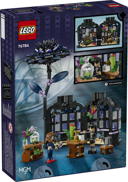 LEGO Wednesday Black Dahlia Flower set 76784 with black dahlia bloom and vase revealing hidden conservatory classroom, Wednesday Addams and Professor Thornhill minidolls