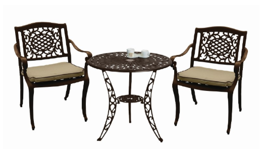 Outdoor furniture set with two chairs and a round table on a white background