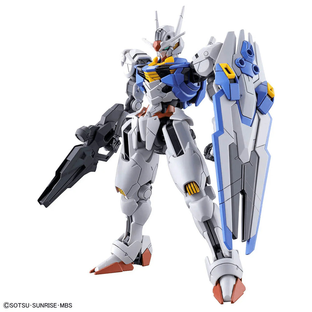 Gundam model kit with blue and gray armor on a white background