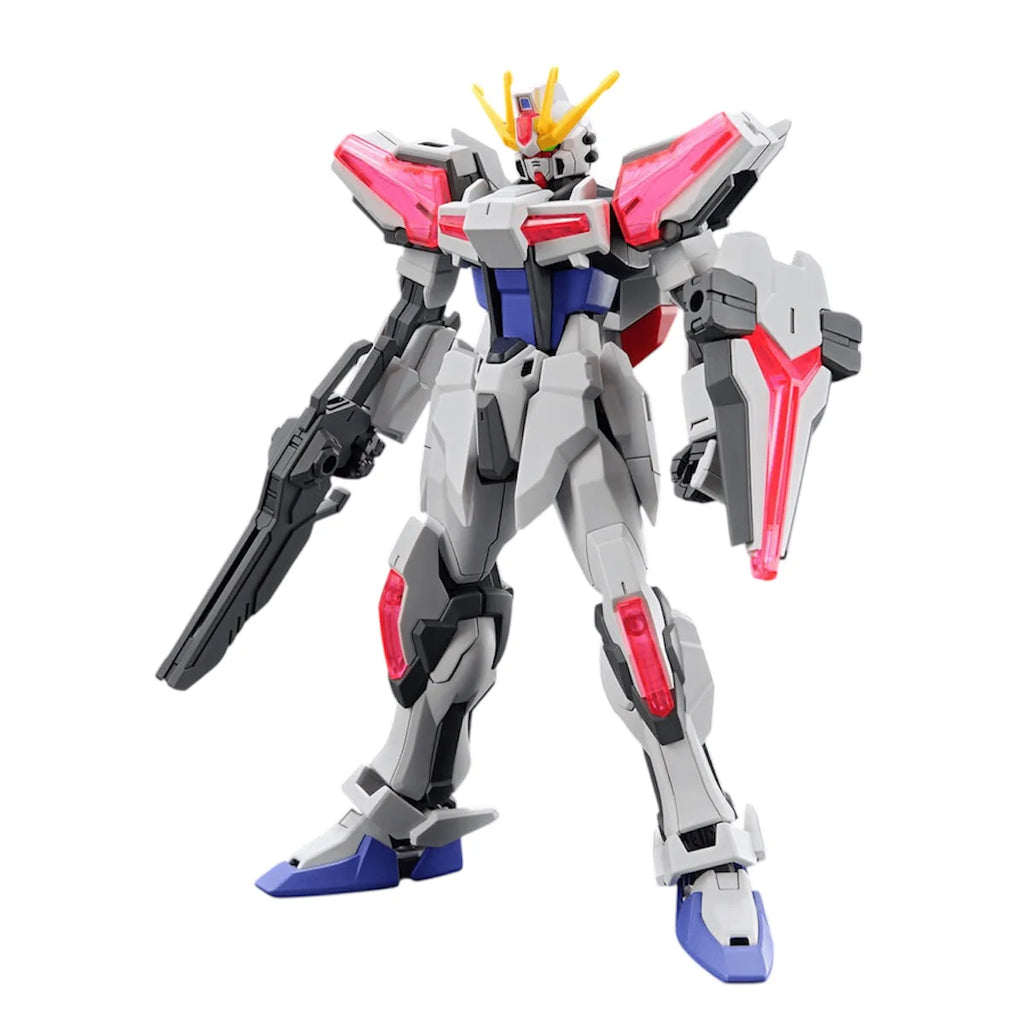 Mechanical Gundam model with red, white, and blue colors on a white background