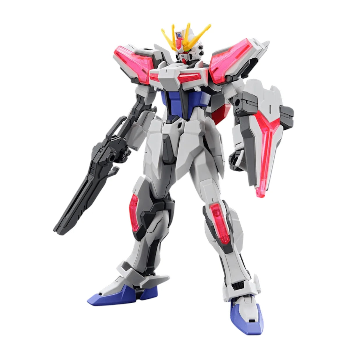 Mechanical Gundam model with red, white, and blue colors on a white background