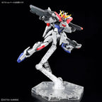 Model kit of a Gundam on a clear stand with a black background