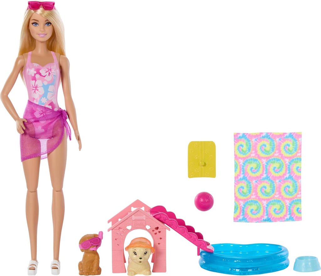 Barbie doll with pool and accessories on a white background