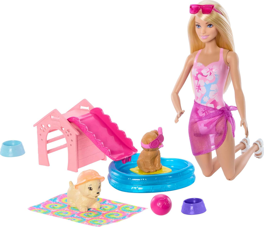 Barbie doll with pool and pets on a white background