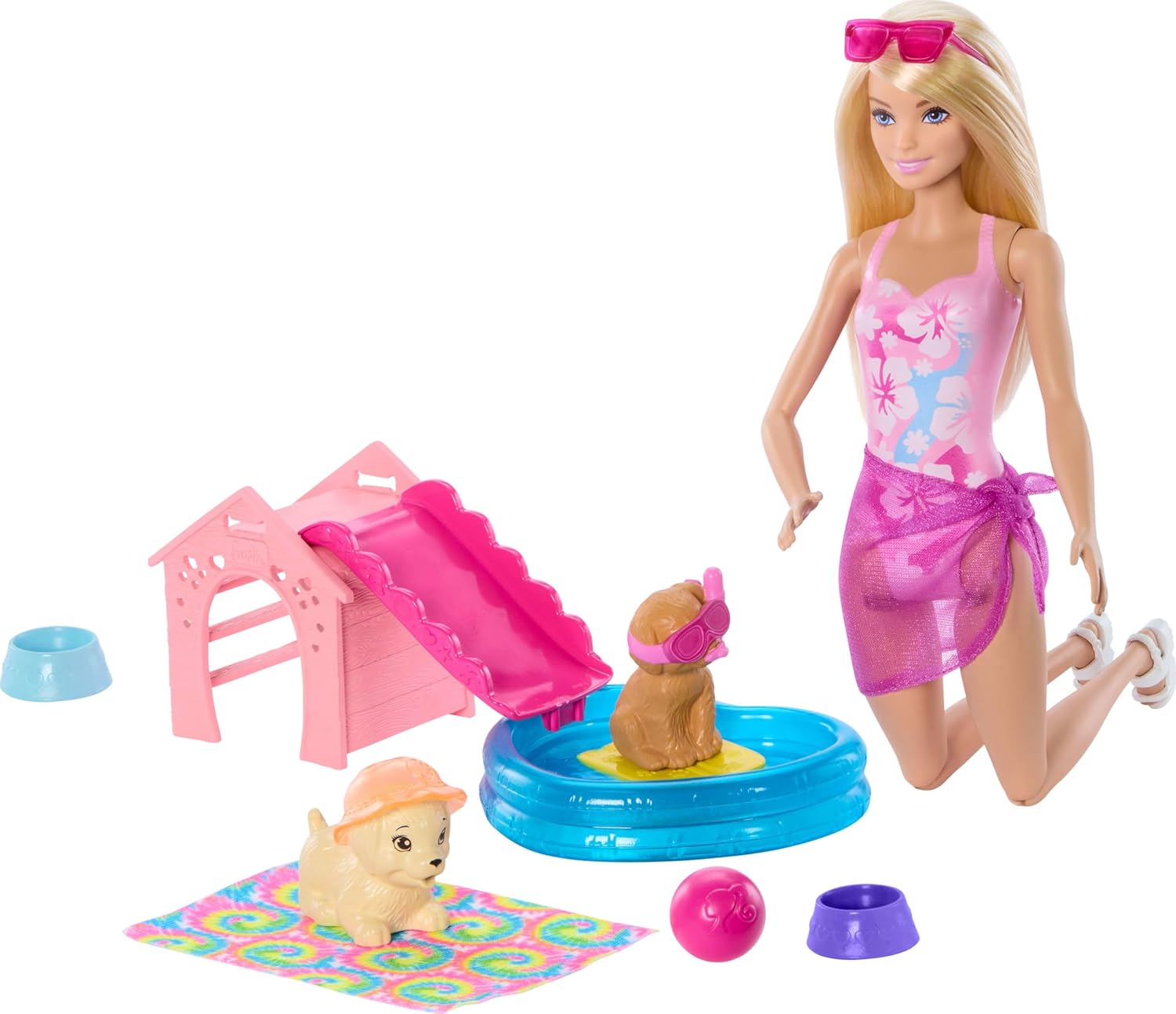 Barbie doll with pool and pets on a white background