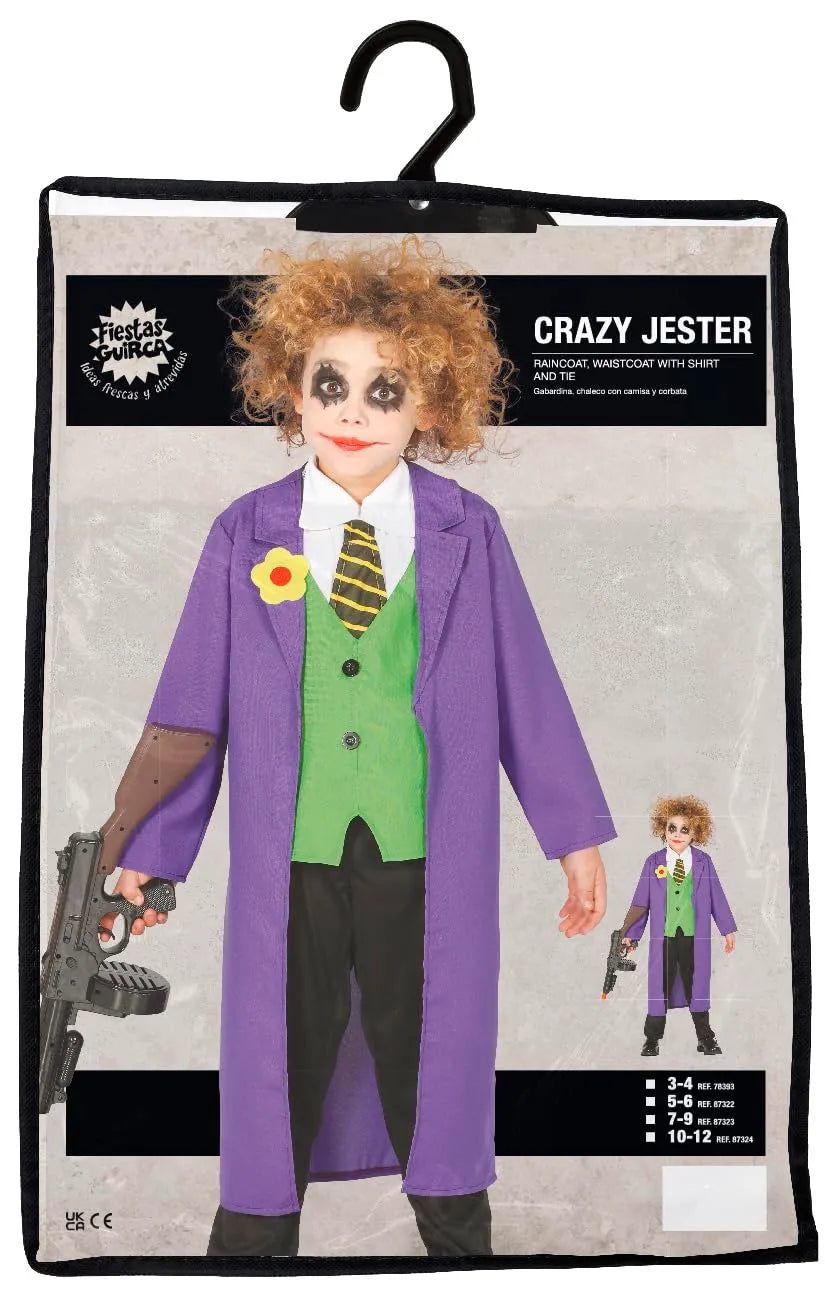 Children's costume package for a 'Crazy Jester' with a purple coat and green vest on a white background.