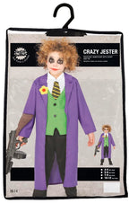 Children's costume package for a 'Crazy Jester' with a purple coat and green vest on a white background.