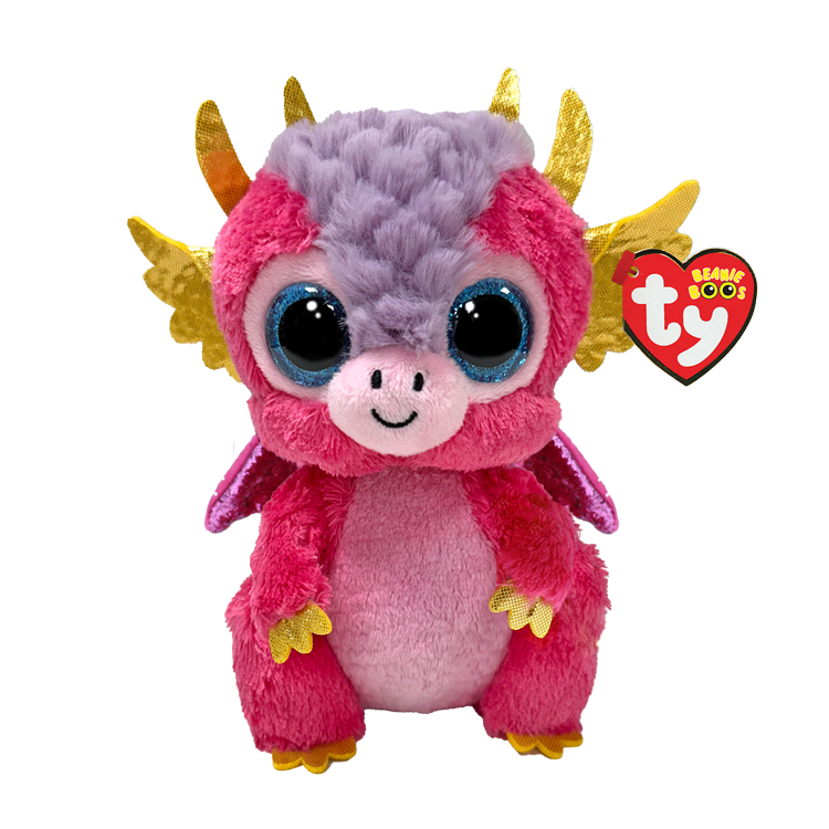 Plush toy dragon with pink and purple colors and gold accents, featuring the Ty Beanie Boos logo.