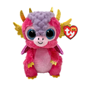 Plush toy dragon with pink and purple colors and gold accents, featuring the Ty Beanie Boos logo.