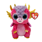 Plush toy dragon with pink and purple colors and gold accents, featuring the Ty Beanie Boos logo.