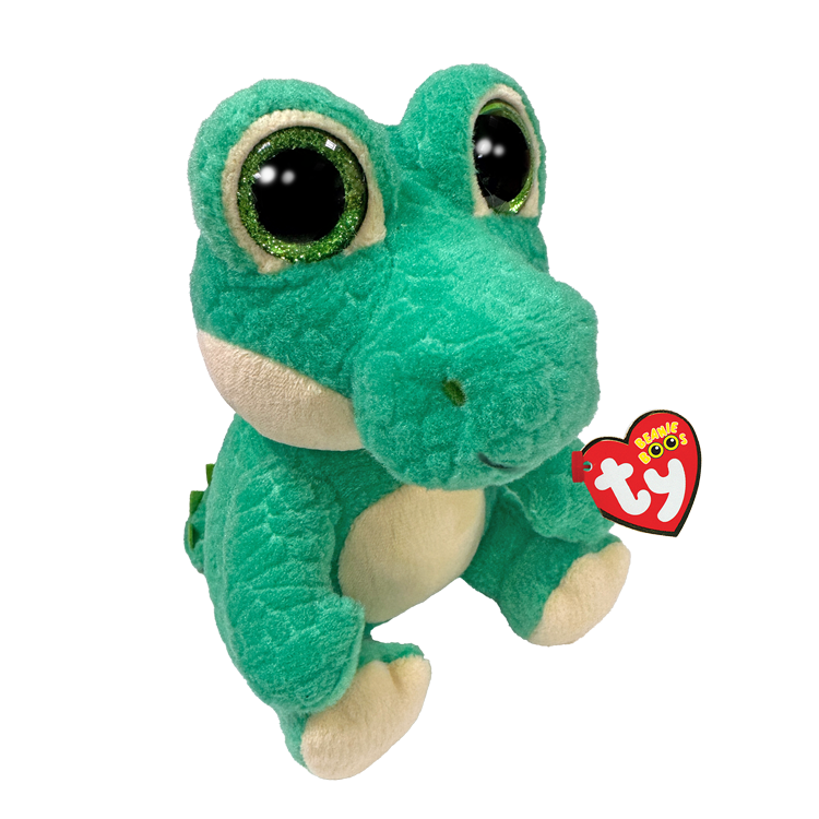 Green plush toy with a Ty logo on a white background