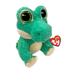 Green plush toy with a Ty logo on a white background