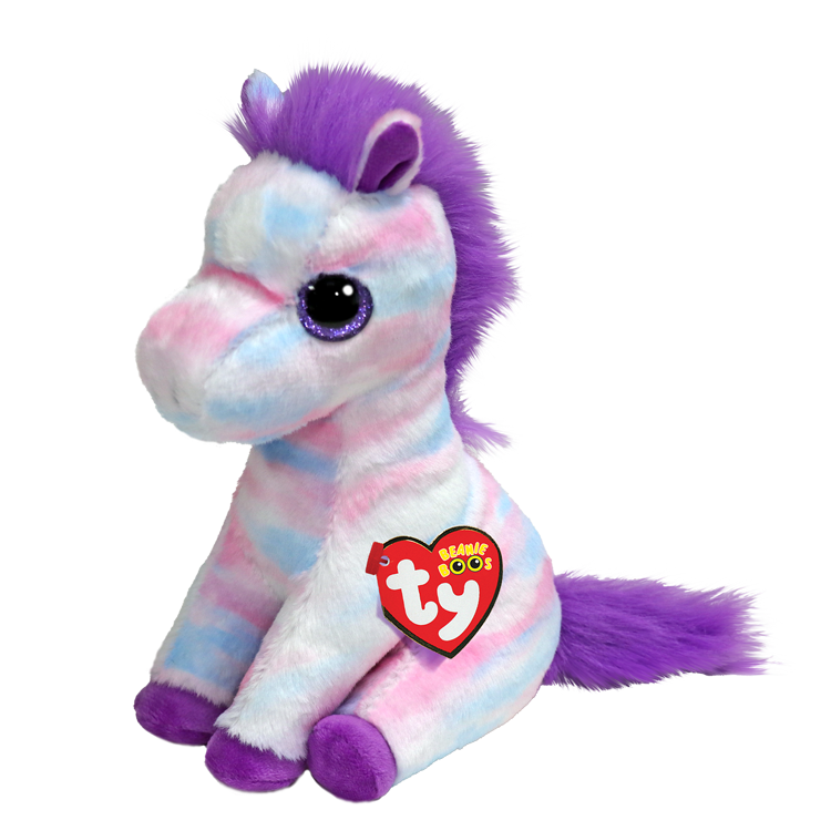 Plush toy unicorn with a Ty logo on a white background