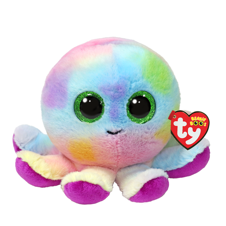 Colorful octopus plush toy with a Ty logo on a white background