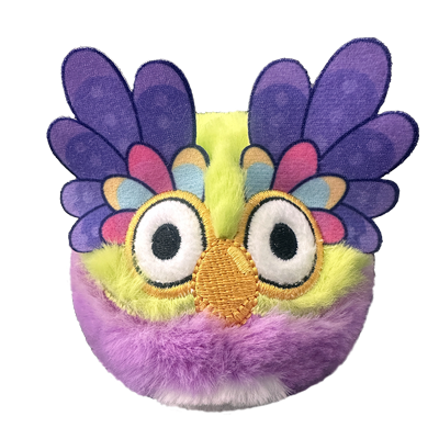 Colorful owl-shaped plush toy with purple feathers on a white background