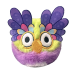 Colorful owl-shaped plush toy with purple feathers on a white background