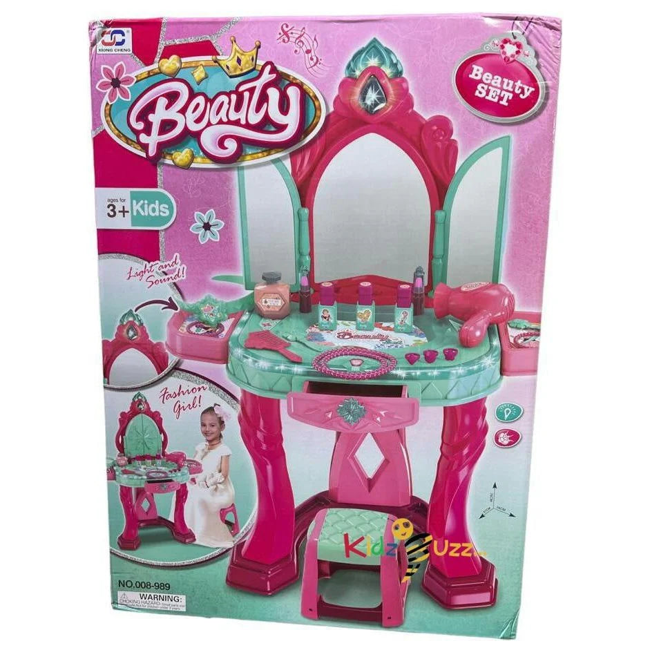 Magical beauty mirror vanity playset for kids with lights, sounds, toy hairdryer, and princess accessories