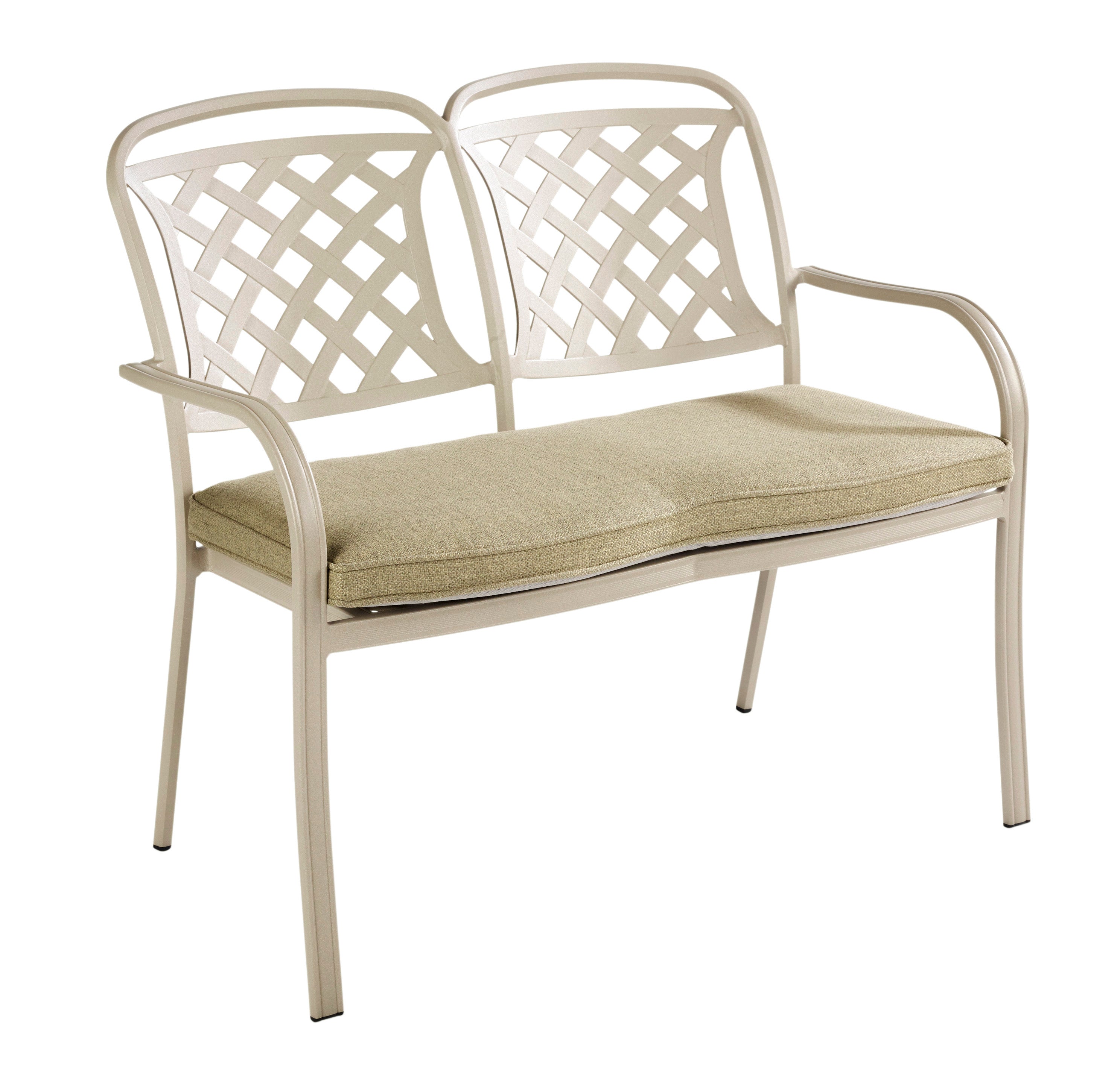 A two-seat outdoor patio bench with a cream-colored metal frame featuring lattice backrests and curved armrests, fitted with a maize wheat beige cushioned seat pad, shown on a plain white background.