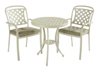 A 3-piece outdoor patio bistro set featuring a round metal table and two matching armchairs with lattice backs and beige cushions, shown on a plain white background.