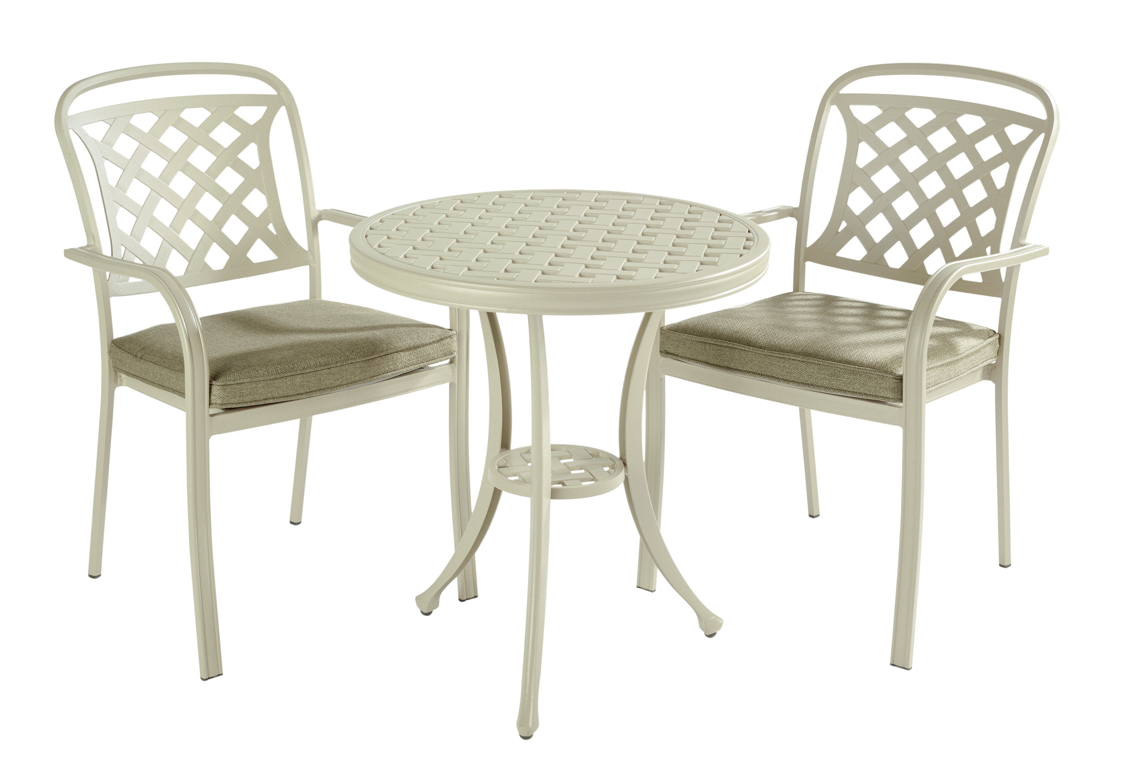 A 3-piece outdoor patio bistro set featuring a round metal table and two matching armchairs with lattice backs and beige cushions, shown on a plain white background.